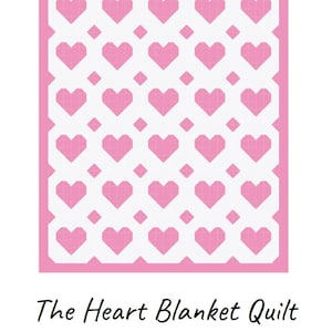May include: A quilt featuring a repeating pattern of pink hearts on a white background with small pink diamond accents between the hearts. The text below the quilt reads The Heart Blanket Quilt By Caroline Gite @carolinelisabethh.