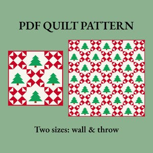 Könnte beinhalten: Ein PDF-Quiltmuster mit zwei quadratischen Quilt-Designs mit grünen Tannenbäumen auf weißem Grund, akzentuiert durch rote und weiße geometrische Formen. Der Text lautet PDF QUILT PATTERN und Two sizes: wall & throw auf salbeigrünem Grund.