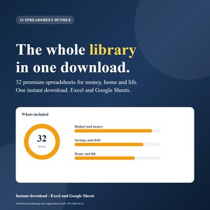 May include: A digital product graphic titled 32 SPREADSHEET BUNDLE. The text reads: The whole library in one download. 32 premium spreadsheets for money, home and life. One instant download. Excel and Google Sheets. Includes a chart with 32 sheets.
