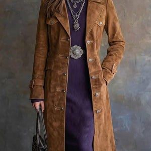 Vintage Suede Trench Coat Women | Brown Long Western Leather Duster Jacket | Boho Chic.