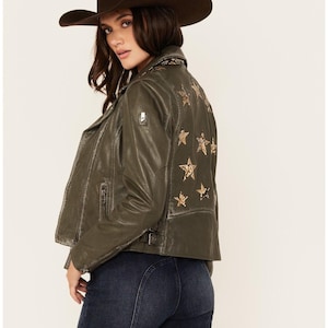 Olive Leather Star Patch Jacket  Western Moto Biker Jacket with Python Print Stars.
