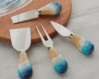 Ocean Resin Cheese Knife Set, Handcrafted Resin Art Cheese Knives, Wood Resin Charcuterie Board Tools, Beach Theme Housewarming Wedding Gift