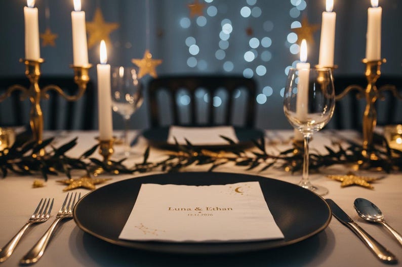 May include: A matte black dinner plate holds a white square napkin printed with the text Luna & Ethan and the date 12.12.2026, featuring a gold crescent moon and star design. The table setting includes silver cutlery, wine glasses, and candles.