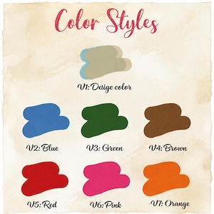 May include: A color chart titled Color Styles displaying seven distinct color swatches in cloud-like shapes. The swatches are labeled V1: Beige color, V2: Blue, V3: Green, V4: Brown, V5: Red, V6: Pink, and V7: Orange, each featuring a solid color fill.