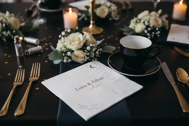 May include: A white square paper napkin featuring gold foil text that reads Luna & Ethan, the date 12.12.2026, a crescent moon, stars, and a constellation graphic. The napkin is placed on a dark table setting with gold cutlery and a black teacup.