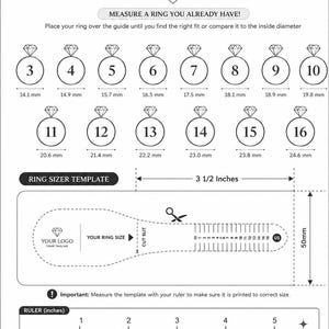 Puede incluir: Una tabla de tallas de anillos en blanco y negro que muestra las tallas estadounidenses de la 3 a la 16 con sus diámetros en milímetros. El documento incluye una plantilla de medidor de anillos, una regla de 5 pulgadas e instrucciones.