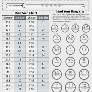 May include: A black and white printable ring size guide featuring a 10mm scale reference, a cut-out paper sizer template, a comprehensive conversion chart for US, UK, and Euro sizes, and a series of circles for matching ring diameters.