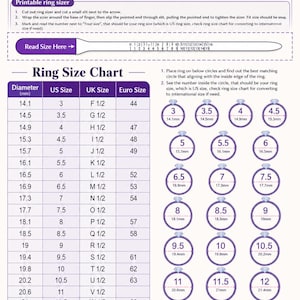 May include: A white printable ring sizer guide with purple text and borders. It includes a 10mm scale, a cut-out sizer strip, and a comprehensive ring size chart comparing US, UK, and Euro sizes. Circular diagrams show ring sizes from 3 to 13.5.