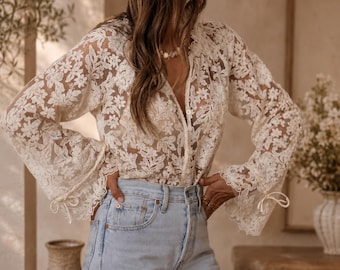 Floral Lace Blouse, Sheer Button Front Bell Sleeve Top, Romantic Cottagecore Fashion