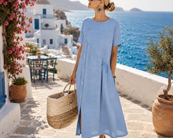 Frauen 100% Baumwolle Knopfleiste Midi Kleid Casual Alltag