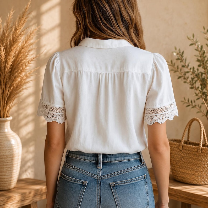 May include: A white short-sleeved blouse featuring a classic collar and delicate lace trim detailing on the sleeve cuffs, paired with blue denim jeans. The blouse has a button-down front and a structured back yoke with a subtle vertical pleat.