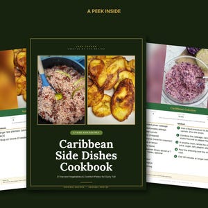 May include: A digital cookbook titled Caribbean Side Dishes Cookbook featuring 21 harvest vegetables and comfort plates for early fall. The cover displays two food photos, one of rice and beans and one of fried plantains, with recipe pages visible.