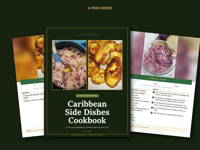 May include: A digital cookbook titled Caribbean Side Dishes Cookbook featuring 21 harvest vegetables and comfort plates for early fall. The cover displays two food photos, one of rice and beans and one of fried plantains, with recipe pages visible.