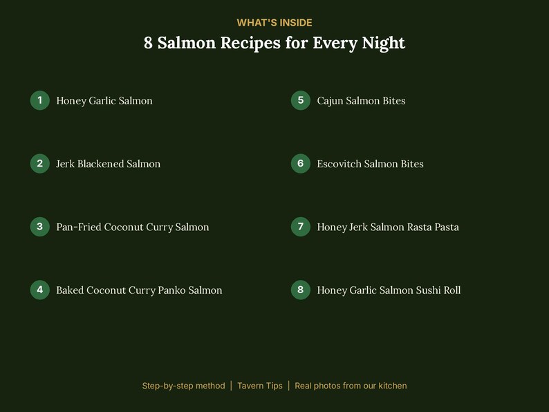 May include: A dark green informational graphic titled WHAT'S INSIDE 8 Salmon Recipes for Every Night. It lists eight numbered salmon dishes including Honey Garlic, Jerk Blackened, Coconut Curry, Cajun Bites, Escovitch, Rasta Pasta, and Sushi Roll.