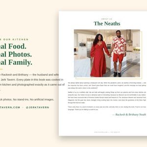 May include: A page from a cookbook titled The Neaths, featuring text about the authors and a photograph of two people in a kitchen. The text includes the phrases From Our Kitchen, Real Food, Real Photos, Real Family, and JerkTavern.com.