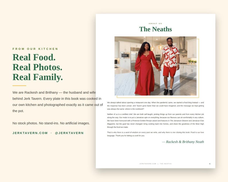 May include: A page from a cookbook titled The Neaths, featuring text about the authors and a photograph of two people in a kitchen. The text includes the phrases From Our Kitchen, Real Food, Real Photos, Real Family, and JerkTavern.com.