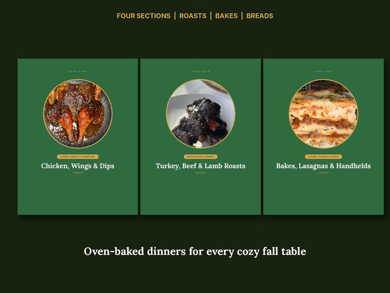 May include: A digital graphic with a dark green background featuring three vertical panels. Each panel displays a circular food image: roasted chicken, dark meat, and lasagna. Text includes 'FOUR SECTIONS | ROASTS | BAKES | BREADS' and 'Oven-baked dinners for every cozy fall table'.