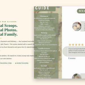 May include: A digital informational graphic with a light cream background featuring dark green text. The left side displays the text From Our Kitchen, Real Scoops, Real Photos, Real Family, and JerkTavern.com. The center contains a guide on ingredients like cinnamon, nutmeg, vanilla extract, and sea salt. The right side shows ice cream reviews with five-star ratings and customer names.