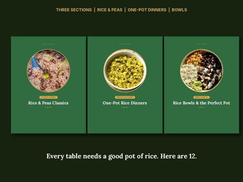 May include: Three green panels display food photography in circular frames. Text includes: THREE SECTIONS | RICE & PEAS | ONE-POT DINNERS | BOWLS, Rice & Peas Classics, One-Pot Rice Dinners, Rice Bowls & the Perfect Pot, and Every table needs a good pot of rice. Here are 12.