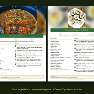 May include: A recipe card featuring Honey Garlic Salmon and Honey Garlic Salmon Sushi Roll. The card includes ingredient lists, numbered cooking steps, and a Tavern Tip. The top shows a pan of cooked salmon and a plate of sushi rolls.