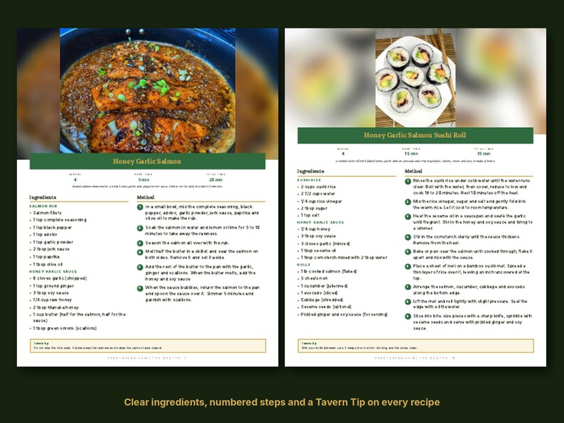 May include: A recipe card featuring Honey Garlic Salmon and Honey Garlic Salmon Sushi Roll. The card includes ingredient lists, numbered cooking steps, and a Tavern Tip. The top shows a pan of cooked salmon and a plate of sushi rolls.