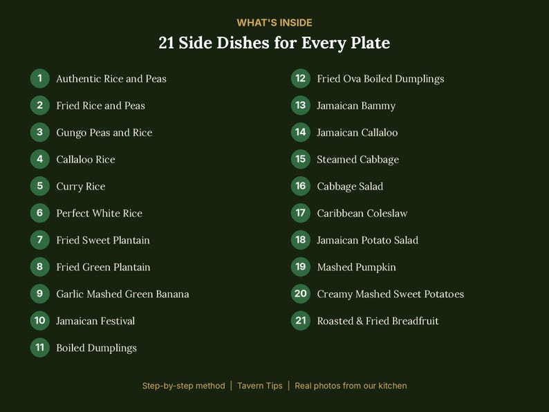 May include: A dark green informational graphic titled WHAT'S INSIDE 21 Side Dishes for Every Plate. It lists 21 numbered items including Authentic Rice and Peas, Fried Rice and Peas, Gungo Peas and Rice, Callaloo Rice, Curry Rice, Perfect White Rice, Fried Sweet Plantain, Fried Green Plantain, Garlic Mashed Green Banana, Jamaican Festival, Boiled Dumplings, Fried Ova Boiled Dumplings, Jamaican Bammy, Jamaican Callaloo, Steamed Cabbage, Cabbage Salad, Caribbean Coleslaw, Jamaican Potato Salad, Mashed Pumpkin, Creamy Mashed Sweet Potatoes, and Roasted & Fried Breadfruit.