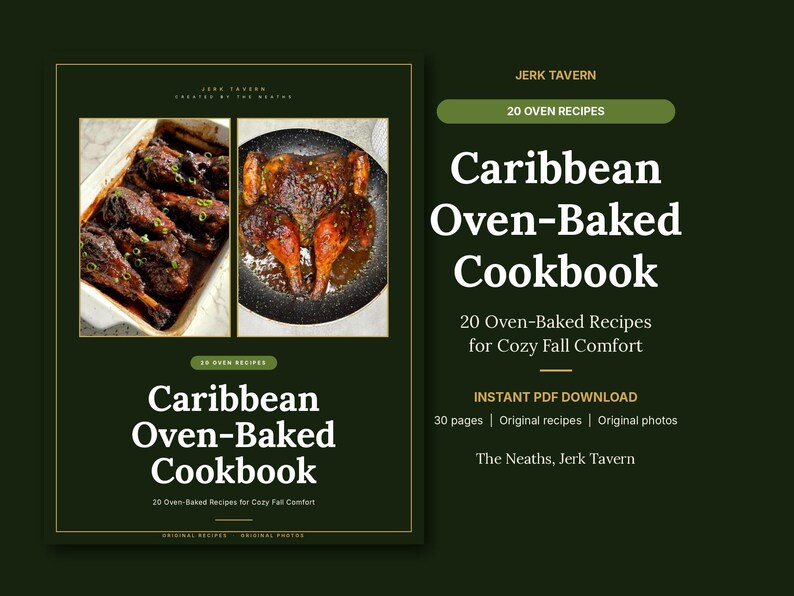 May include: A digital cookbook titled Caribbean Oven-Baked Cookbook with 20 oven-baked recipes. The cover features two photos of cooked chicken dishes on a dark green background. Text includes Jerk Tavern, 20 Oven Recipes, and Instant PDF Download.