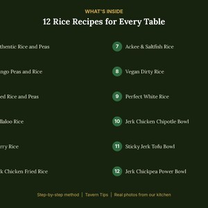 May include: A dark green informational graphic titled 12 Rice Recipes for Every Table. It lists twelve numbered recipes including Authentic Rice and Peas, Gungo Peas and Rice, Fried Rice and Peas, Callaloo Rice, Curry Rice, Jerk Chicken Fried Rice, Ackee & Saltfish Rice, Vegan Dirty Rice, Perfect White Rice, Jerk Chicken Chipotle Bowl, Sticky Jerk Tofu Bowl, and Jerk Chickpea Power Bowl.