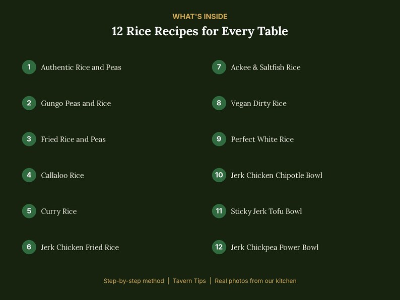 May include: A dark green informational graphic titled 12 Rice Recipes for Every Table. It lists twelve numbered recipes including Authentic Rice and Peas, Gungo Peas and Rice, Fried Rice and Peas, Callaloo Rice, Curry Rice, Jerk Chicken Fried Rice, Ackee & Saltfish Rice, Vegan Dirty Rice, Perfect White Rice, Jerk Chicken Chipotle Bowl, Sticky Jerk Tofu Bowl, and Jerk Chickpea Power Bowl.