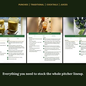 May include: A digital recipe card collection titled PUNCHES | TRADITIONAL | COCKTAILS | JUICES featuring three distinct sections: Jamaican Pumpkin Punch, Authentic Jamaican Ginger Beer, and The Ultimate Green Juice, with ingredient lists and instructions.