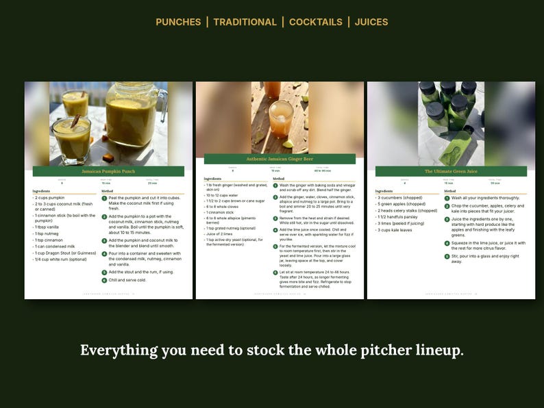 May include: A digital recipe card collection titled PUNCHES | TRADITIONAL | COCKTAILS | JUICES featuring three distinct sections: Jamaican Pumpkin Punch, Authentic Jamaican Ginger Beer, and The Ultimate Green Juice, with ingredient lists and instructions.