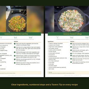 May include: A recipe card featuring two dishes: Jamaican Style Fried Rice and Peas and Jamaican Steamed Cabbage. Each section includes a photograph of the food in a skillet, a list of ingredients, numbered cooking steps, and a Tavern Tip.