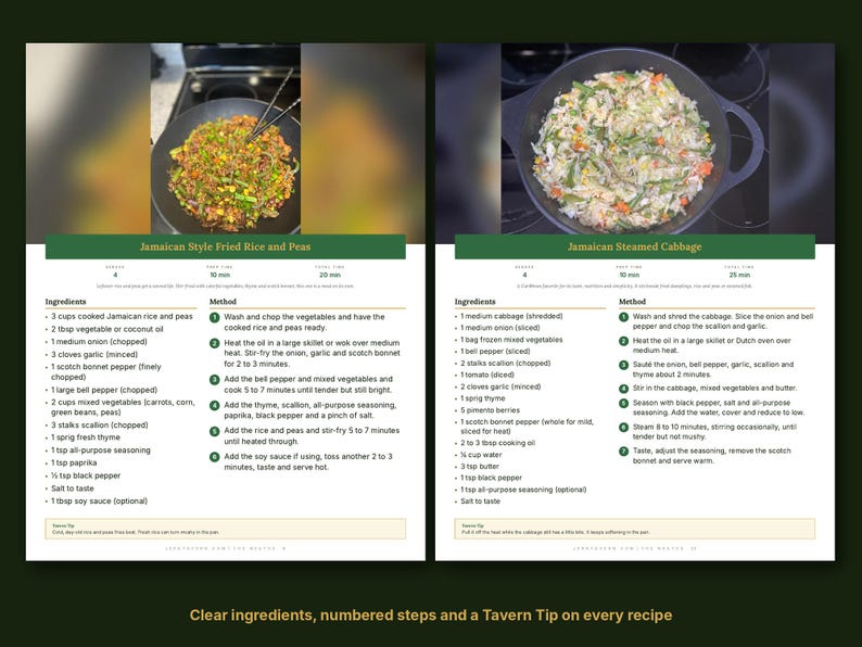 May include: A recipe card featuring two dishes: Jamaican Style Fried Rice and Peas and Jamaican Steamed Cabbage. Each section includes a photograph of the food in a skillet, a list of ingredients, numbered cooking steps, and a Tavern Tip.