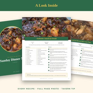 May include: A digital cookbook titled Sunday Dinner Menu featuring a dark green cover with a circular oxtail photo, followed by two interior pages displaying recipes for Authentic Jamaican Oxtail and Jamaican Brown Stew Cow Foot with text.