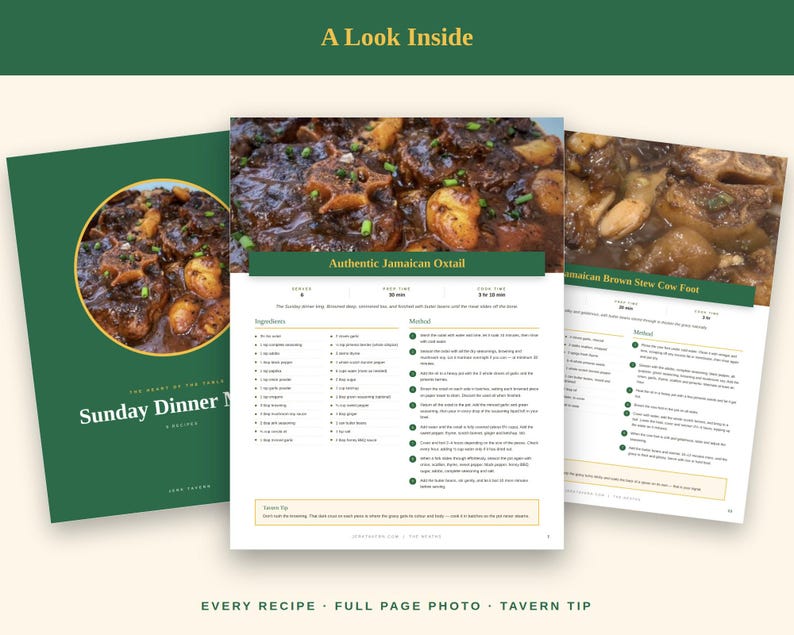 May include: A digital cookbook titled Sunday Dinner Menu featuring a dark green cover with a circular oxtail photo, followed by two interior pages displaying recipes for Authentic Jamaican Oxtail and Jamaican Brown Stew Cow Foot with text.