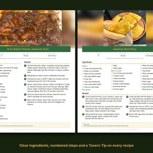May include: A two-page recipe card featuring Oven Baked Chicken Jamaican Style and Jamaican Beef Patty. Each section includes a color photograph of the dish, a list of ingredients, numbered preparation steps, and a Tavern Tip at the bottom.