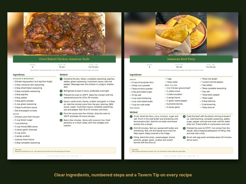 May include: A two-page recipe card featuring Oven Baked Chicken Jamaican Style and Jamaican Beef Patty. Each section includes a color photograph of the dish, a list of ingredients, numbered preparation steps, and a Tavern Tip at the bottom.