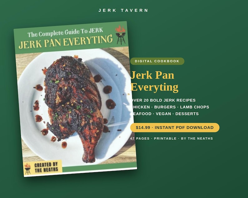 K&ouml;nnte beinhalten: Ein digitales Kochbuch mit dem Titel Jerk Pan Everyting, das ein Foto von gebratenem Jerk-H&auml;hnchen auf einem wei&szlig;en Teller zeigt. Das Cover enth&auml;lt den Text The Complete Guide To JERK, Jerk Pan Everyting, Over 20 Bold Jerk Recipes und Created By The Neaths.