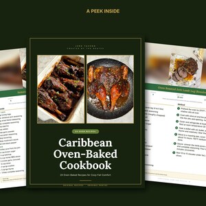 May include: A digital cookbook titled Caribbean Oven-Baked Cookbook with a dark green cover featuring two food photos. The pages display recipes for turkey legs and oven-roasted jerk lamb leg, including ingredient lists and cooking methods.