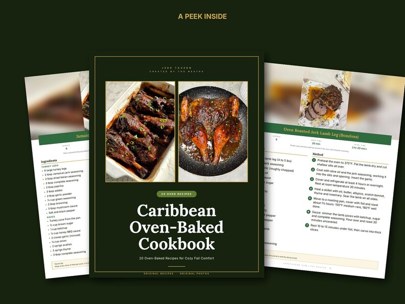 May include: A digital cookbook titled Caribbean Oven-Baked Cookbook with a dark green cover featuring two food photos. The pages display recipes for turkey legs and oven-roasted jerk lamb leg, including ingredient lists and cooking methods.