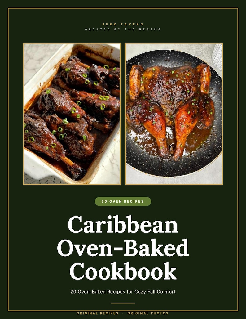 May include: A cookbook titled Caribbean Oven-Baked Cookbook with the text 20 Oven Recipes and 20 Oven-Baked Recipes for Cozy Fall Comfort. The cover features two images of glazed meat dishes garnished with green onions in a baking dish and pan.