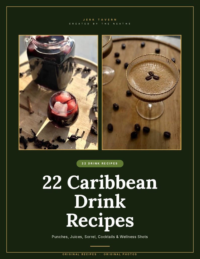 May include: A digital recipe book cover titled 22 Caribbean Drink Recipes, featuring text Jerk Tavern Created by the Neaths. The layout includes two photos: one of a dark red drink in a pitcher and glass, and one of a coffee cocktail with beans.