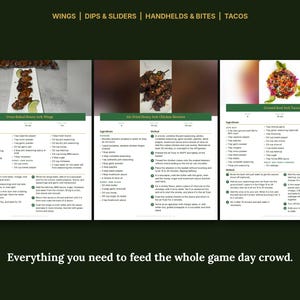 May include: A digital recipe card featuring three sections: Oven-Baked Honey Jerk Wings, Air-Fried Honey Jerk Chicken Skewers, and Ground Beef Jerk Tacos. Each section includes a food photograph, ingredient lists, and step-by-step cooking instructions.