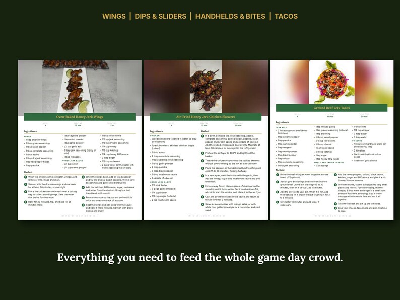 May include: A digital recipe card featuring three sections: Oven-Baked Honey Jerk Wings, Air-Fried Honey Jerk Chicken Skewers, and Ground Beef Jerk Tacos. Each section includes a food photograph, ingredient lists, and step-by-step cooking instructions.