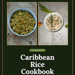 May include: A cookbook titled Caribbean Rice Cookbook with the subtitle 12 One-Pot Rice Dinners & Comfort Bowls for Cooler Nights. The cover features two photos of rice dishes in white bowls, with text reading Jerk Tavern Created by the Neaths.