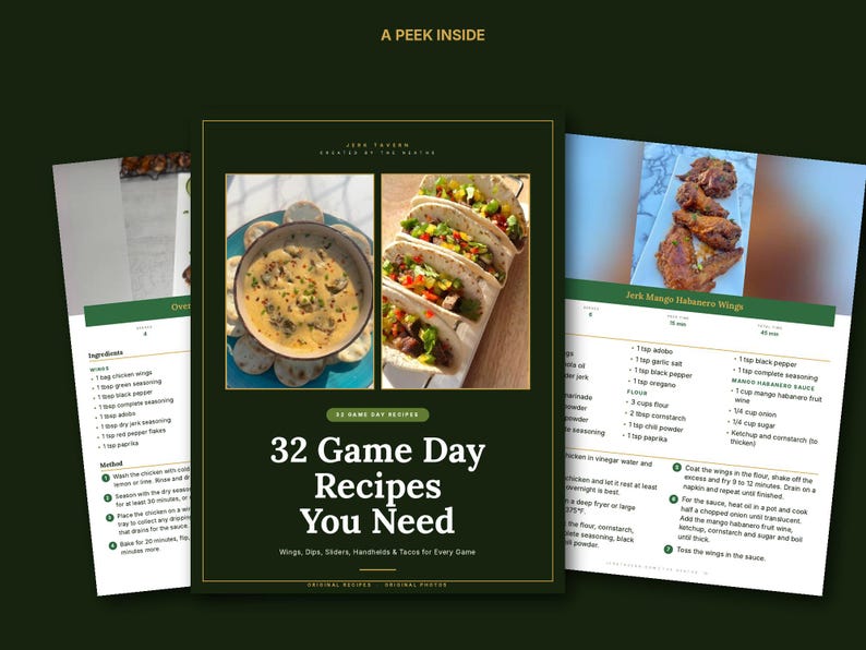 May include: A digital cookbook titled 32 Game Day Recipes You Need, featuring a dark green cover with photos of a creamy dip and tacos. The interior pages display ingredient lists and instructions for recipes like Jerk Mango Habanero Wings.
