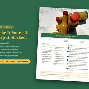 K&ouml;nnte beinhalten: Eine digitale Rezeptseite f&uuml;r jamaikanische scharfe So&szlig;e mit einem Foto von drei Glasflaschen mit roten Verschl&uuml;ssen. Der Text enth&auml;lt "Make It Yourself. Keep It Stocked.", eine Zutatenliste, nummerierte Zubereitungsschritte und einen Tipp.