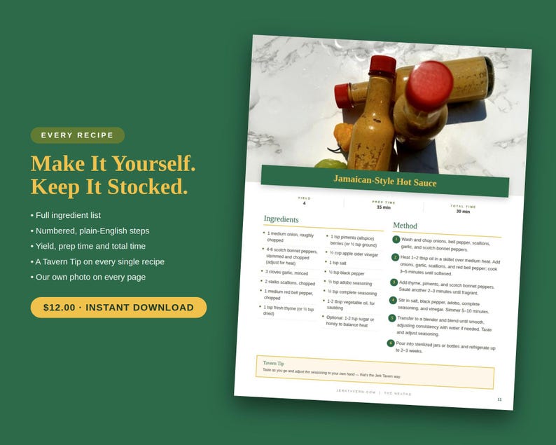 K&ouml;nnte beinhalten: Eine digitale Rezeptseite f&uuml;r jamaikanische scharfe So&szlig;e mit einem Foto von drei Glasflaschen mit roten Verschl&uuml;ssen. Der Text enth&auml;lt "Make It Yourself. Keep It Stocked.", eine Zutatenliste, nummerierte Zubereitungsschritte und einen Tipp.