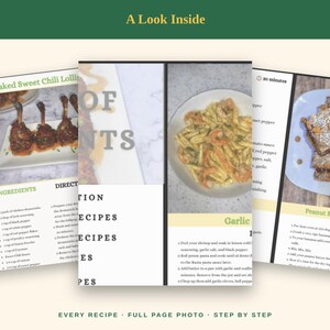 May include: A digital recipe book preview featuring three pages with food photography. The pages display Baked Sweet Chili Lollipops, Garlic Shrimp Pasta, and Peanut Butter Bars. Text includes ingredients, directions, and the title A Look Inside.
