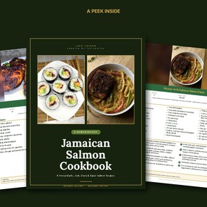 May include: A digital cookbook titled Jamaican Salmon Cookbook featuring a dark green cover with two food photos: sushi rolls on a white plate and a bowl of salmon pasta. The pages display ingredient lists and instructions for Honey Jerk Salmon Pasta.